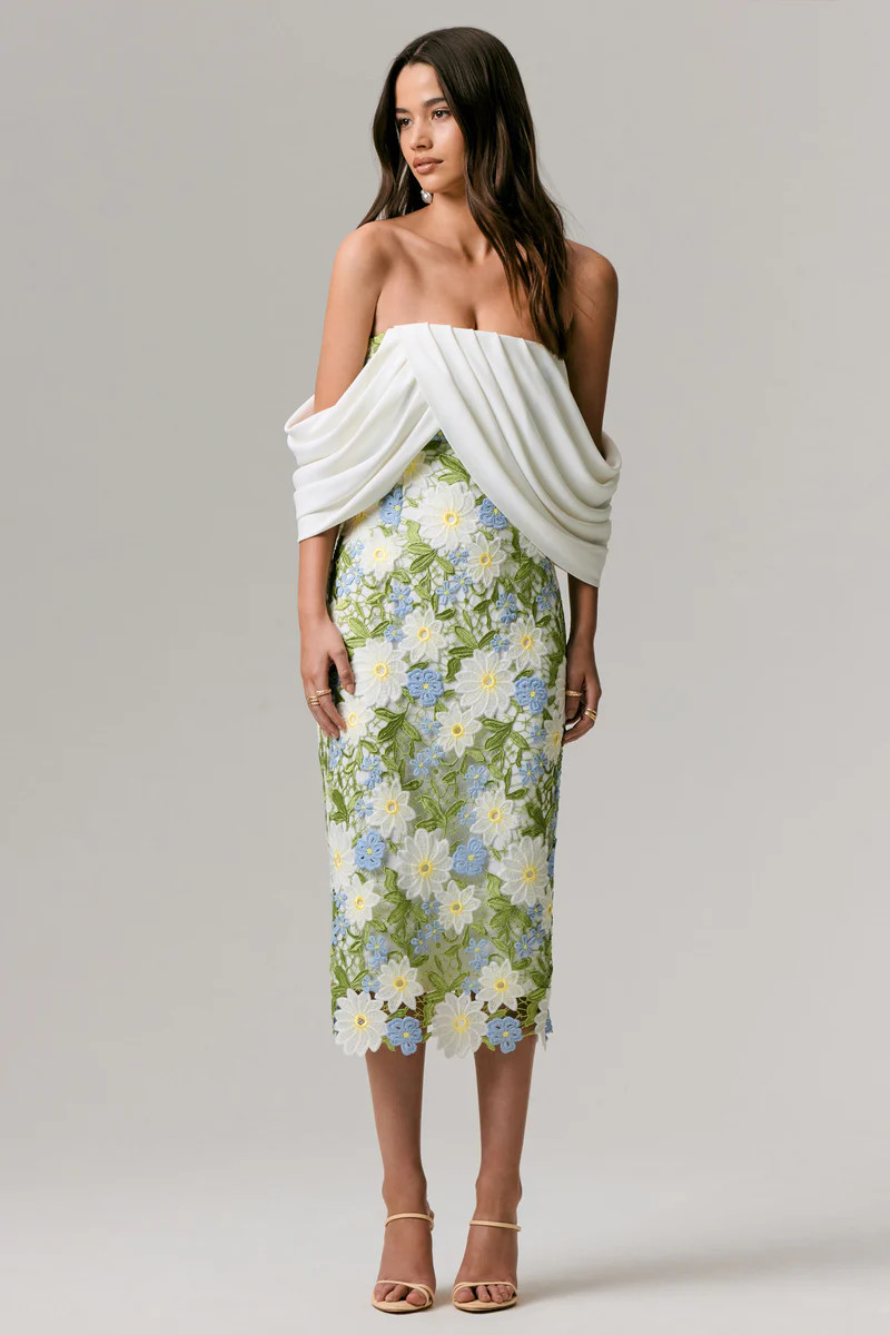Entitled  Cream Floral Lace Bardot Midi Dress | Club L London