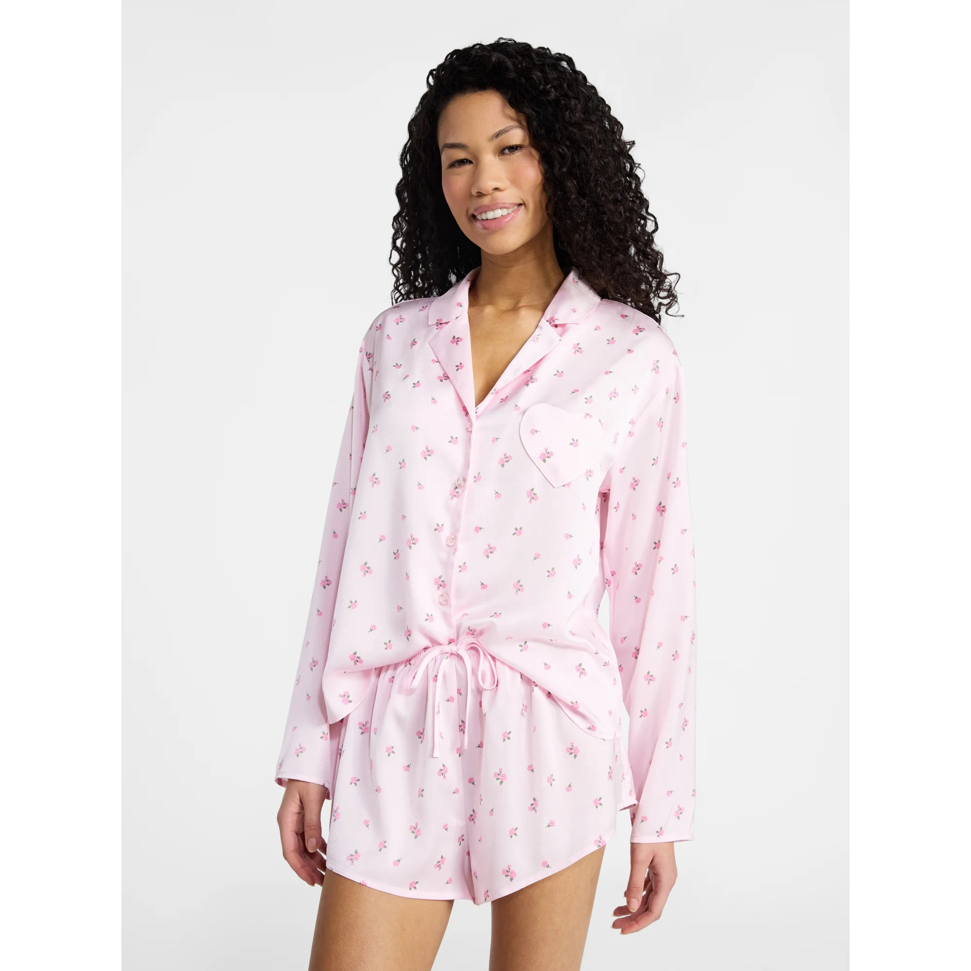 No Boundaries Sleepwear Satin Long Sleeve Button-Up Top and Shorts Set, 2-Piece, Women’s XS-XXL | Walmart (US)
