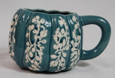 Anthropologie Coffee Stoneware Mug Ceramic Blue Glazed Pumpkin White Leaves | eBay US