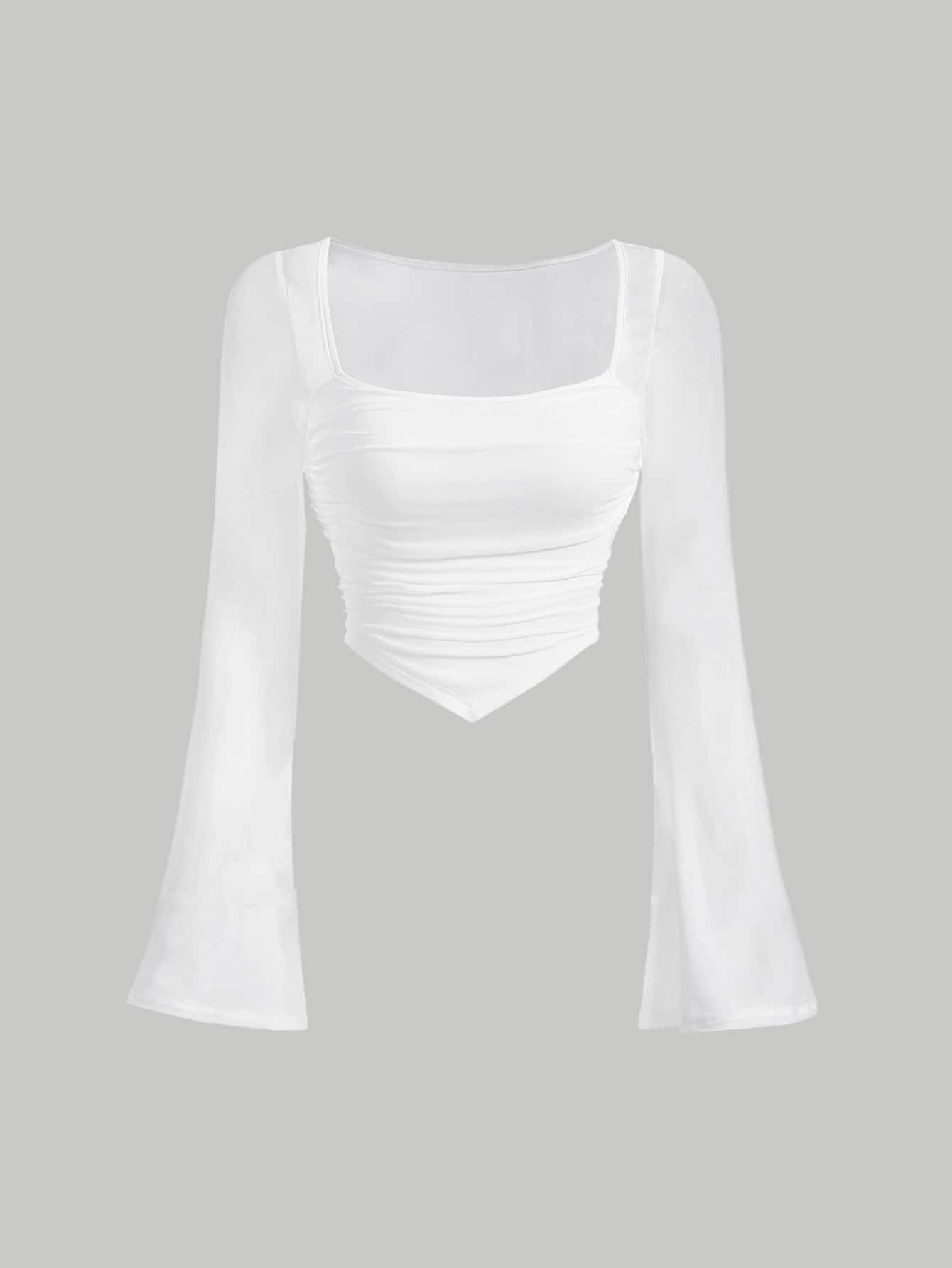 SHEIN MOD White Spring Break Flare Sleeve Square Neck Ruched Hanky Hem Tee | SHEIN