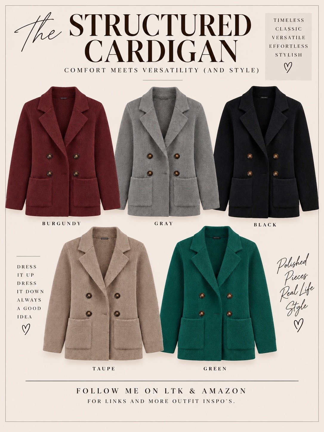 If a blazer and your favorite cardigan had a baby, this would be it. The structured cardigan gives you that polished, pulled-together look of a blazer, but with the softness and comfort of a knit—which is exactly why I think it’s such a good fall wardrobe piece.

Wear it with jeans and loafers for everyday, trousers for work, or throw it over a simple tee when you want an outfit to feel a little more finished. And with colors ranging from classic neutrals to that gorgeous burgundy and green, there’s one for just about every fall wardrobe. Comfortable, versatile and polished without trying too hard.
#AmazonFashion #AmazonFinds #AmazonStyle #StructuredCardigan #CardiganStyle #FallFashion #FallStyle #FallWardrobe #Over50Style #Over40Style #ClassicStyle #TimelessStyle #ElevatedBasics #EverydayStyle #PolishedStyle #FallLayers #LTKFashion #AlexEdit

#LTKootd #LTKOver40 #LTKMidsize