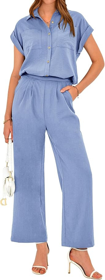 PRETTYGARDEN Women's Summer 2 Piece Outfits 2024 Casual Tracksuit Short Sleeve Button Down Shirts... | Amazon (US)