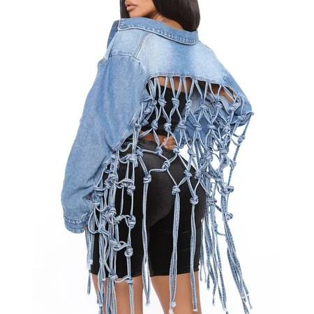 Womens Loose Long Fringe Distressed Denim Jacket Cropped Button Down Ripped Back Knotted Jean Coat(B | Walmart (US)