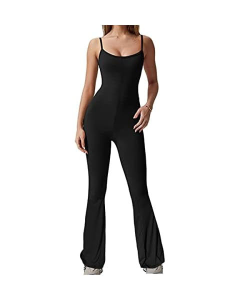 QINSEN Flare Jumpsuits for Women Spaghetti Straps Scoop Neck Bodycon Full Length Casual Unitard P... | Amazon (US)