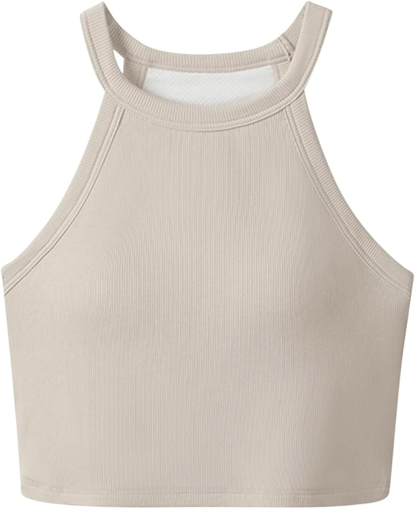 Ribbed Knit Tank Tops for Women Halter High Neck Seamless Cute Crop Top Basic Sleeveless Workout ... | Amazon (US)