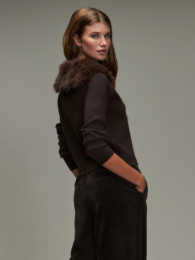 Chocolate Brown Compact Cosy Soft Faux Fur Detatchable Neck Detail Long Sleeve Cardigan | Next US