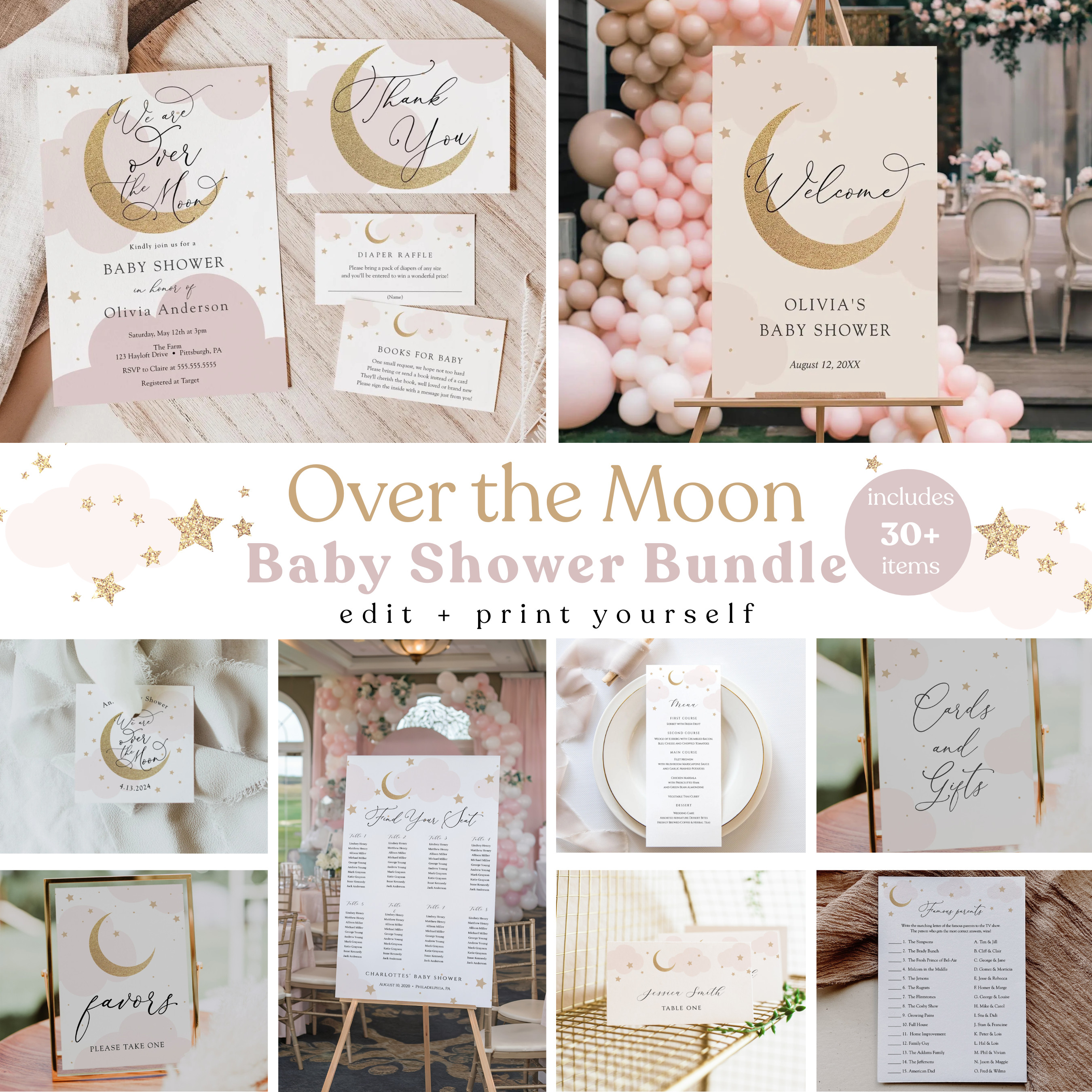 Over the Moon 🌙
Soft blush pink + gold details • 30+ editable baby shower templates
Perfect for a girl baby shower 💕 

 #LTKBaby #LTKBump #LTKKids