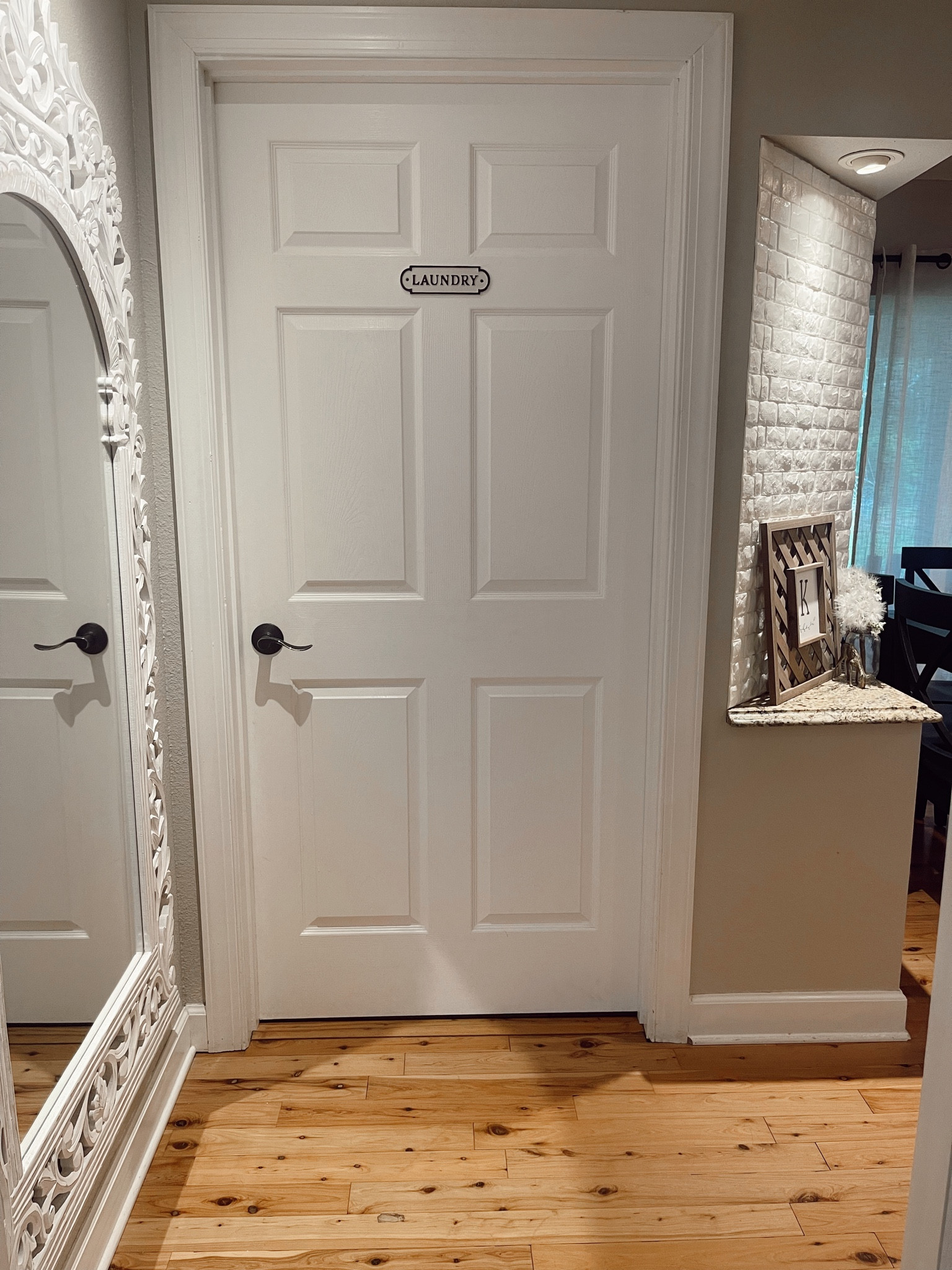 Antique style home decor, vintage laundry room door sign, large white floor length mirrors, peel and stick white faux brick, similar to anthropology  

#LTKfindsunder50 #LTKhome #LTKsalealert