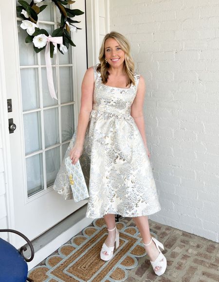Spring wedding guest dresses dress blue champagne baroque block mule heels white Pearl scalloped rug entryway decor magnolia wreath 

#LTKhome #LTKFind #LTKwedding
