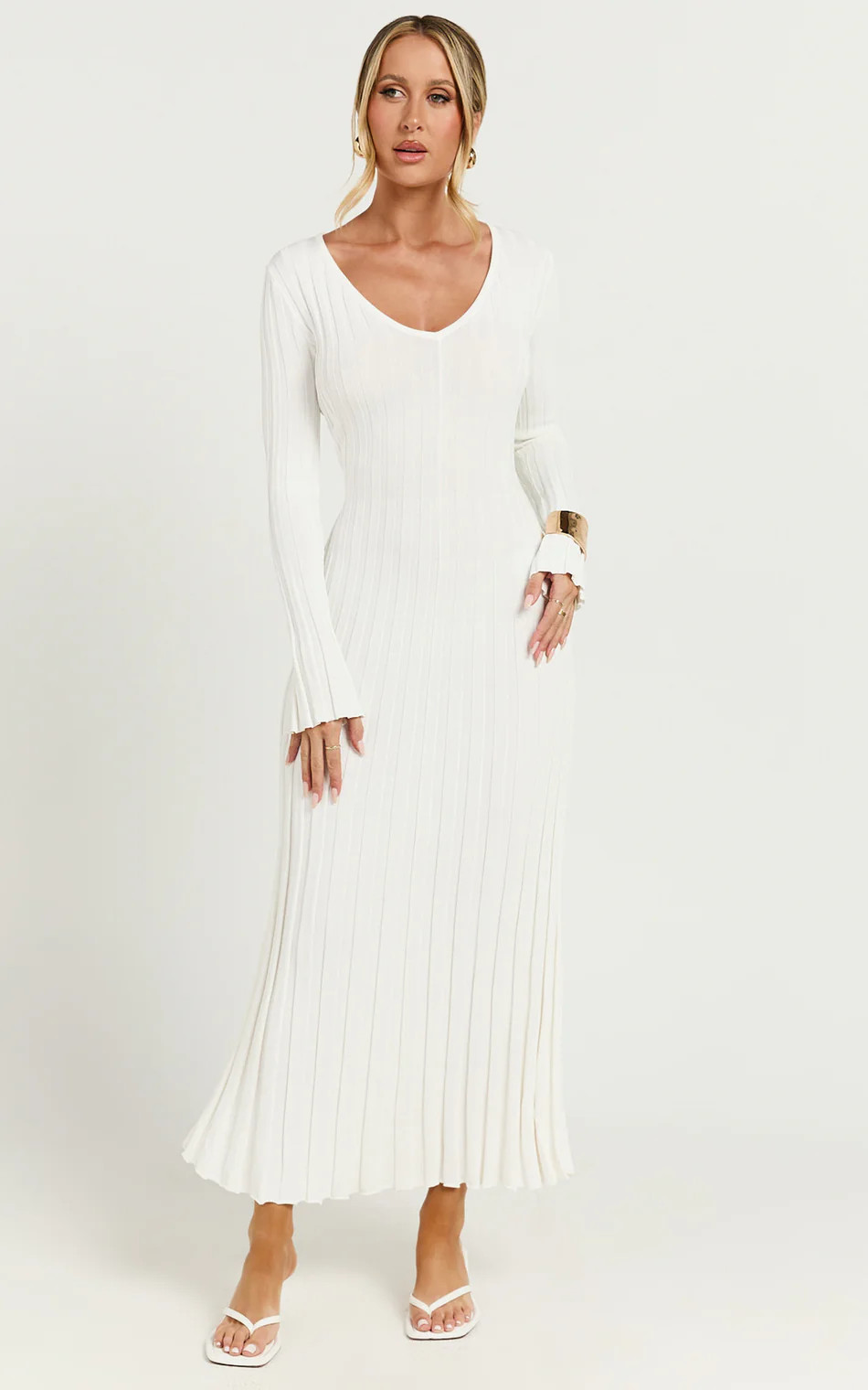 Astra Maxi Dress - V Neck Long Sleeve Knit Dress in White | Showpo (US, UK & Europe)
