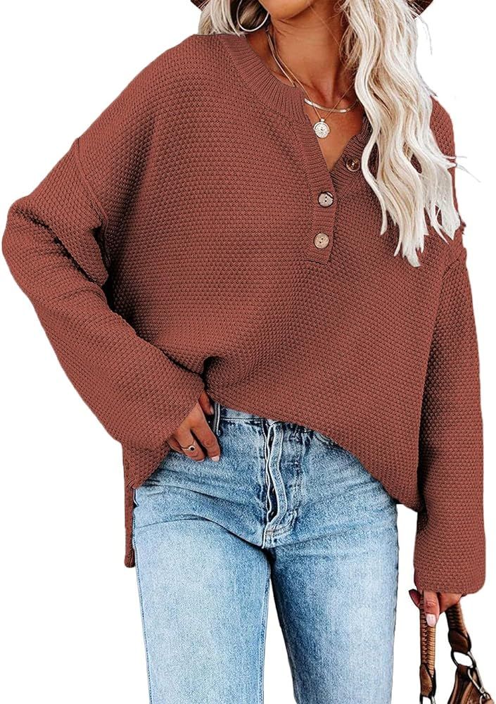 SHEWIN Women's Long Sleeve V Neck Button Knit Fall Pullover Sweaters Knit Jumper Tops | Amazon (US)