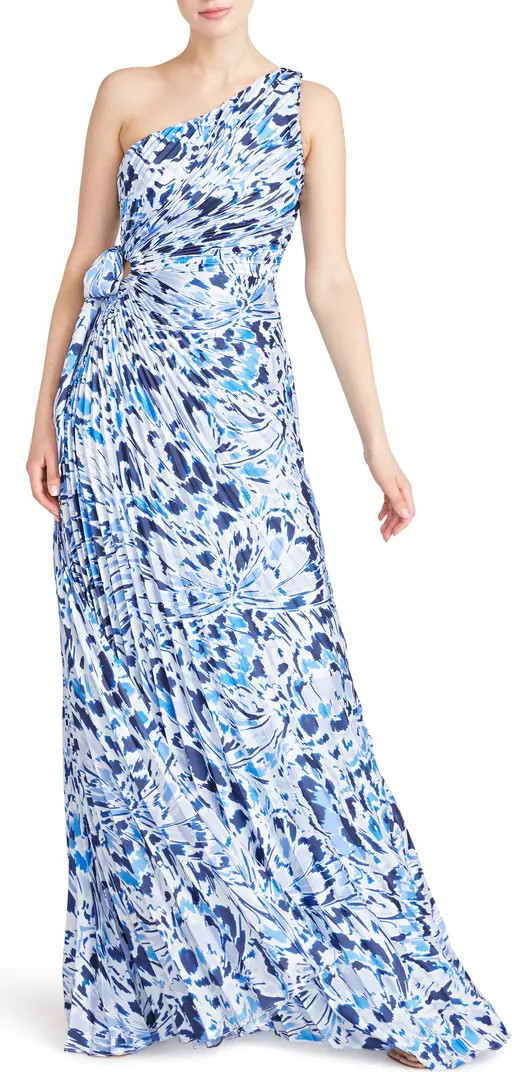 Floral Print Pleated One-Shoulder Gown | Nordstrom