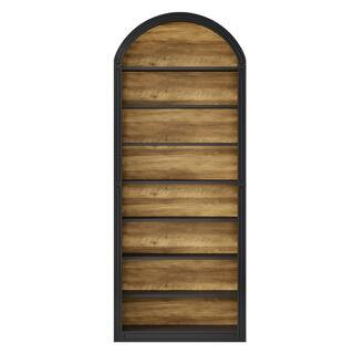 Eulas 79.53 in. Tall Brown and Black Wood 8-Shelf Etagere Bookcase with Semi-Circular Top Design | The Home Depot