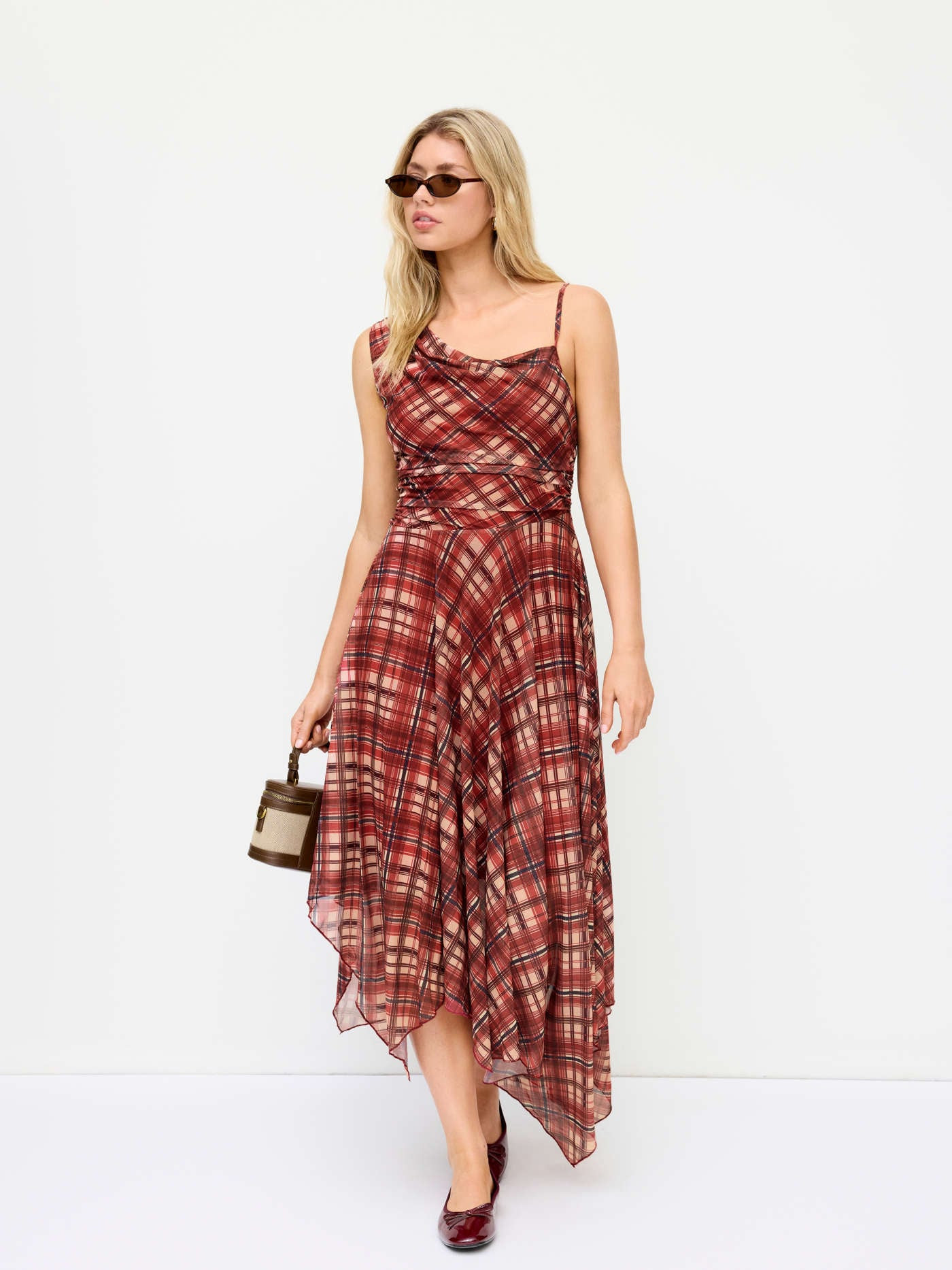 Mesh Mesh Plaid Asymmetrical Neck Ruched Ruffle Hem Maxi Dress For Daily Casual | Cider