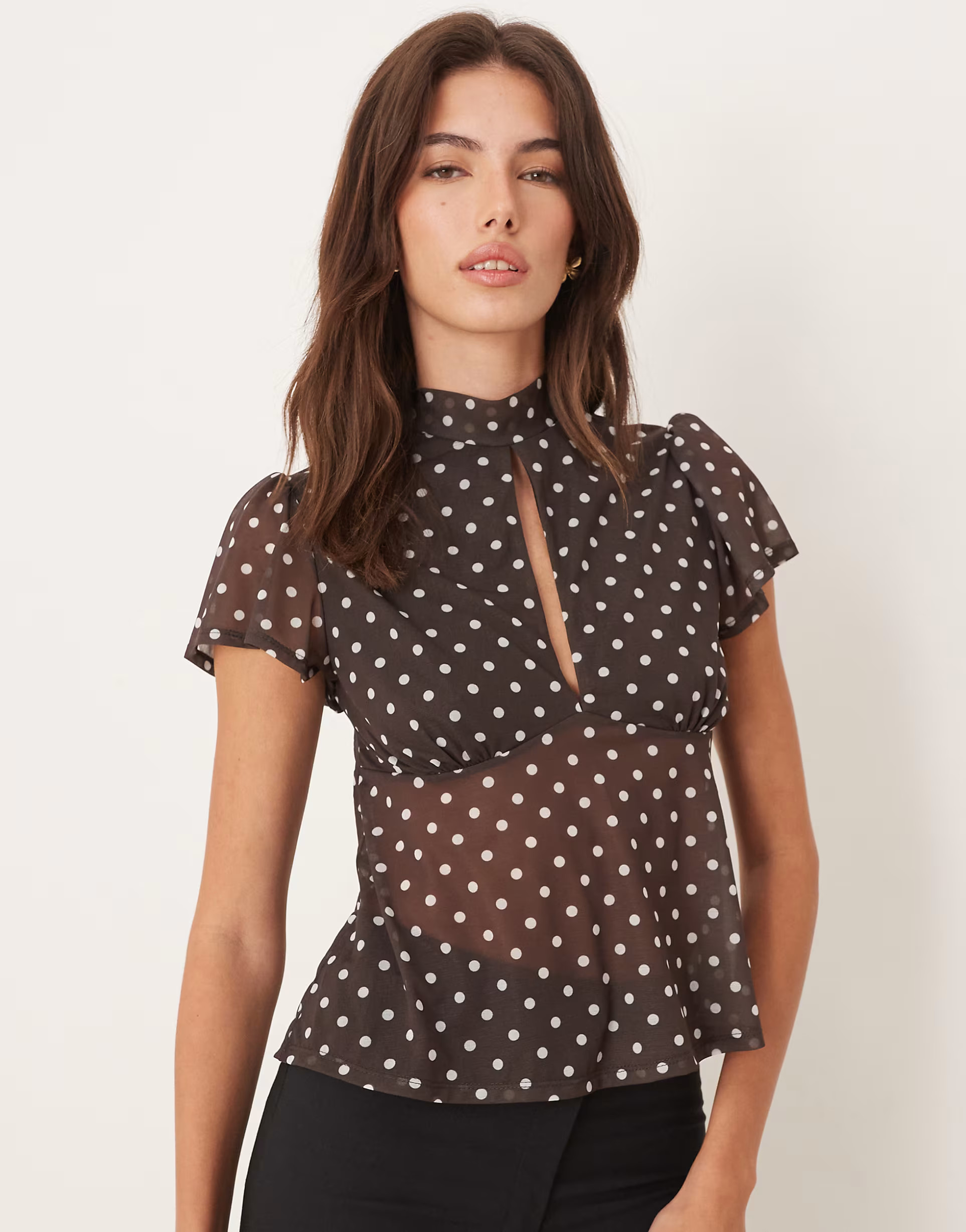 ASOS DESIGN floaty mesh flutter sleeve top with tie back detail in brown and white polka dot | AS... | ASOS (Global)