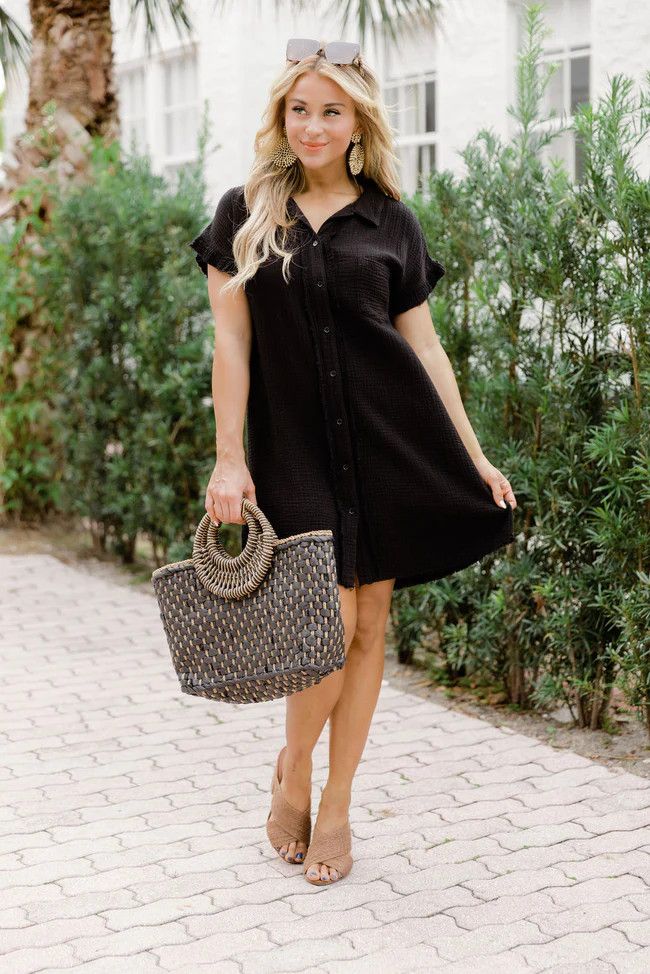 No Worries Black Gauze Button Up Dress | Pink Lily