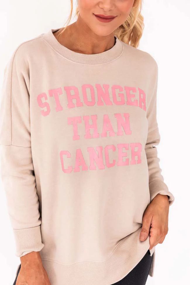 Stronger Than Cancer Light Tan Graphic Sweatshirt | The Pink Lily Boutique