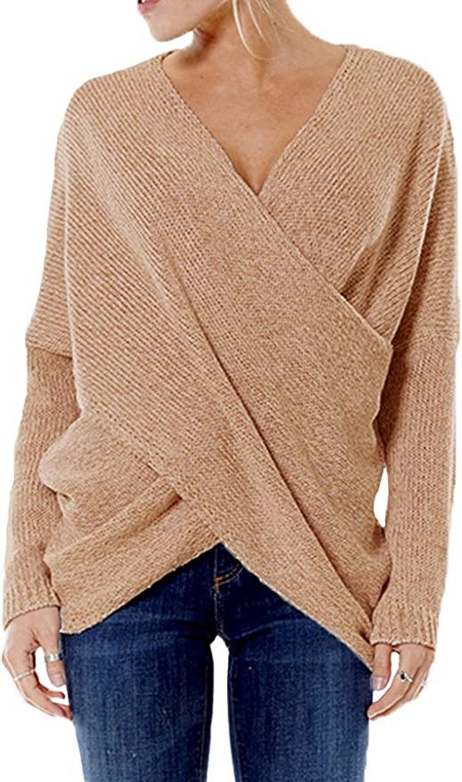 YOINS Sweaters for Women Long Sleeves Irregular Hem Jumpers Cross Front Sexy V Neck Knit Tops | Amazon (US)