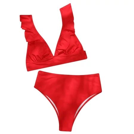 Women s Red Bikini Sets Ruffle Trim Swimwear Sleeveless High Waist Swimsuit Family Bathing Suits Mat | Walmart (US)