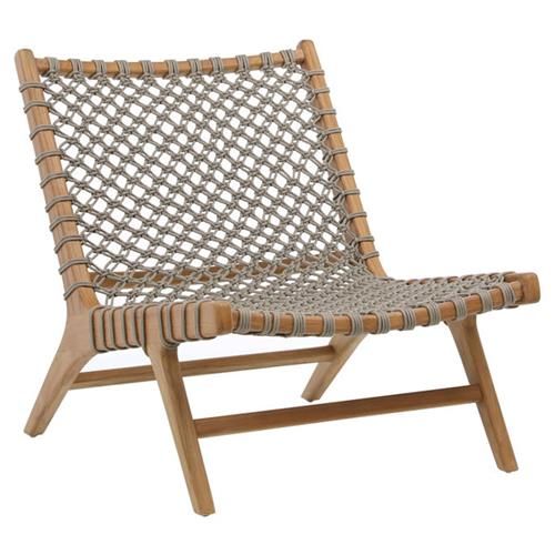 Ashleigh Coastal Beach Taupe Woven Rope Natural Teak Outdoor Lounge Chair | Kathy Kuo Home