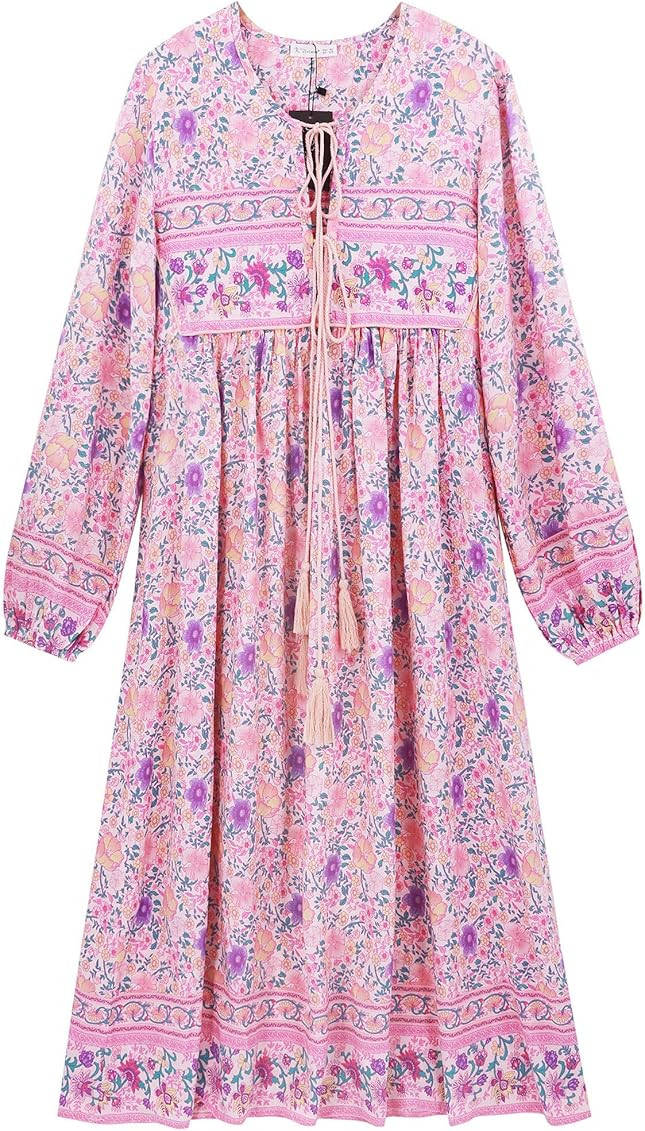 R.Vivimos Women's Long Sleeve Floral Print Retro V Neck Tassel Bohemian Midi Dresses | Amazon (US)
