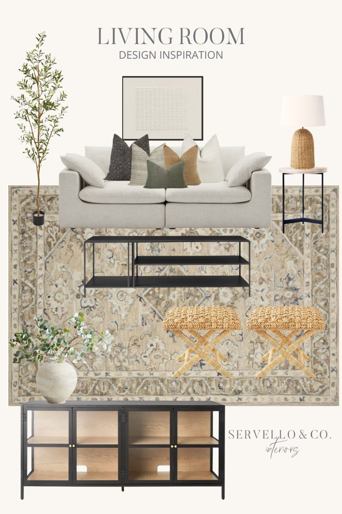 Living room rug, living room cream couch, white couch, affordable throw pillows, neutral pillows, living room design, target McGee and co furniture, McGee and co tv console, black glass tv console, Afloral faux greenery, faux olive tree, black coffee table 

#LTKhome #LTKsalealert #LTKfamily