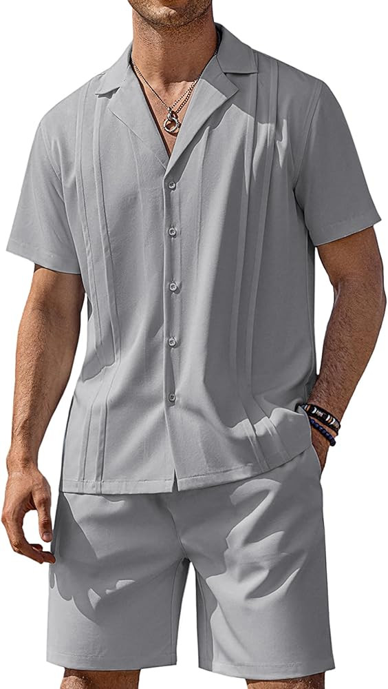 COOFANDY Mens 2 Piece Short Set Guayabera Button Down Shirt Casual Summer Beach Outfits | Amazon (US)