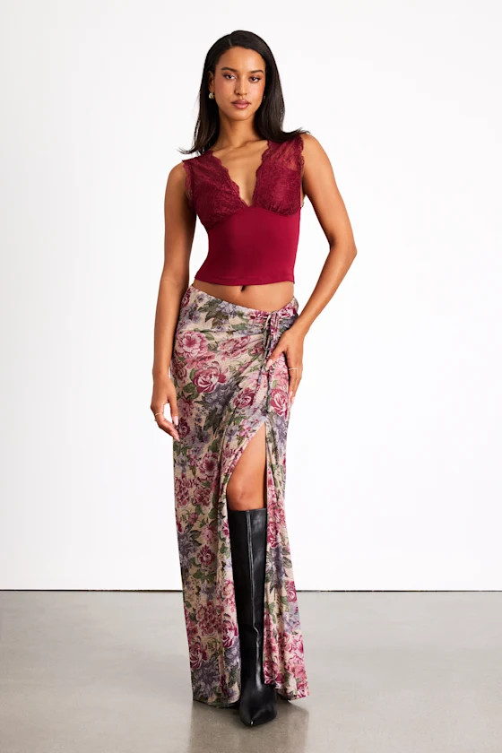 Daria Beige Multi Floral Ruched Maxi Skirt | Lulus