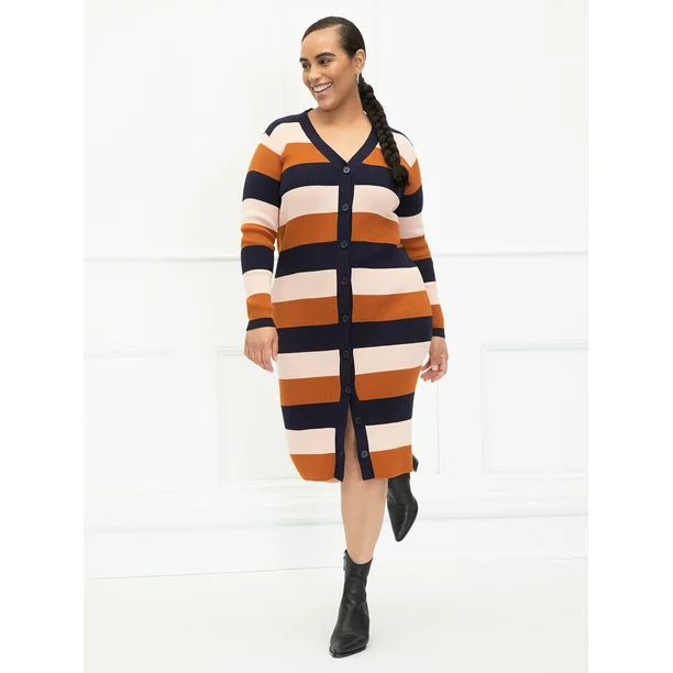 ELOQUII Elements Women's Plus Size Striped Cardigan Sweater Dress - Walmart.com | Walmart (US)