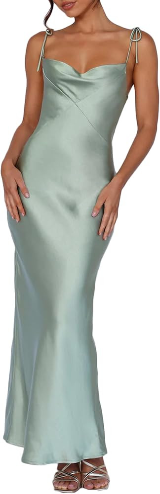 2024 Satin Cowl Neck Spaghetti Strap Slip Maxi Dress for Women Tie Strap Formal Wedding Guest Dre... | Amazon (US)