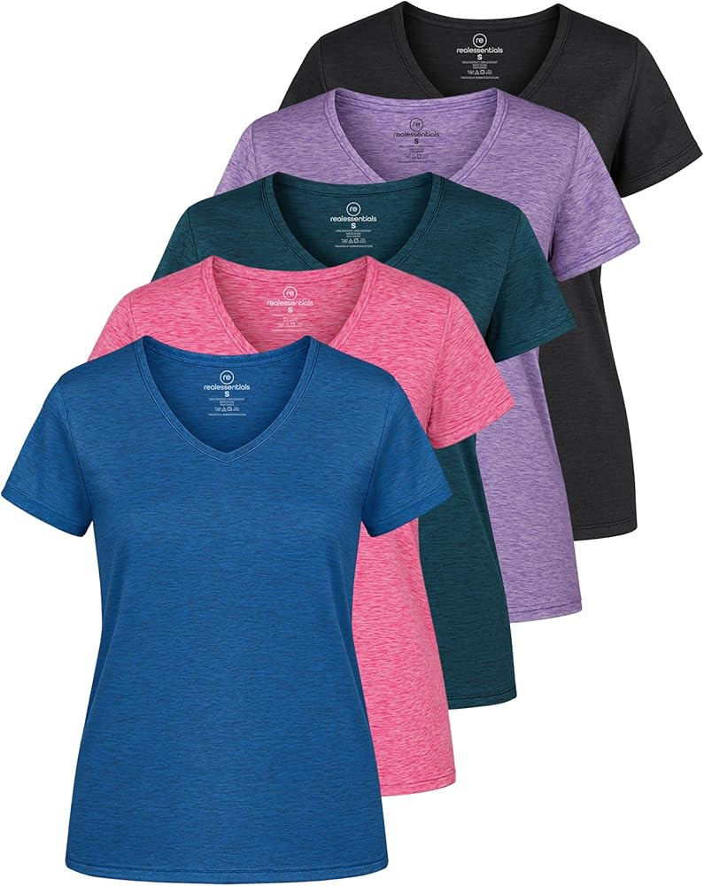 Real Essentials 5 Pack: Women's Dry-Fit Short Sleeve V Neck T Shirt Workout Fitness Yoga Top Tee ... | Amazon (US)