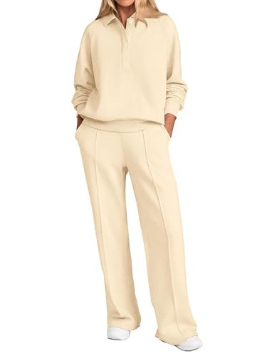 PRETTYGARDEN Women Fall 2 Piece Outfits Sweatsuits Quarter Button Long Sleeve Sweatshirt Wide Leg Pants Tracksuit Lounge Sets(Beige,Large) | Amazon (US)