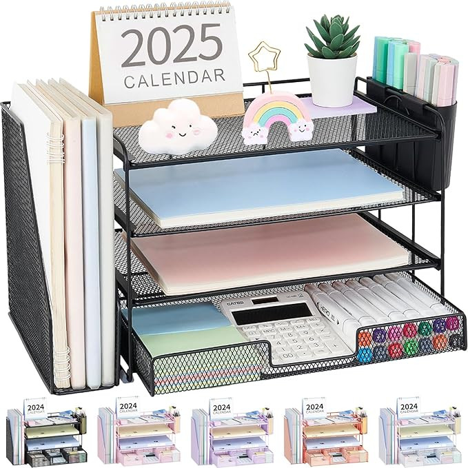 Desk Organizer, 4-Tier Desktop File Organizer with Drawer and Pen Holders, Office Desk Accessorie... | Amazon (US)