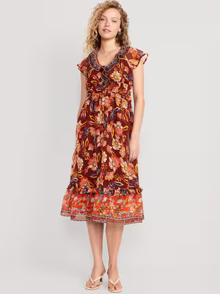 Waist-Defined Flutter-Sleeve Midi Dress for Women | Old Navy (US)
