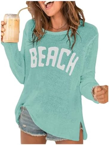COZYEASE Women's Beach Cover Up Letter Print Long Sleeve Sweater Crew Neck Split Hem Crochet Jump... | Amazon (US)