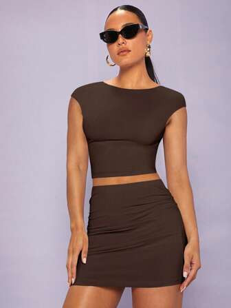 SHEIN BAE Solid Open Back Crop Tee & Bodycon Skirt | SHEIN