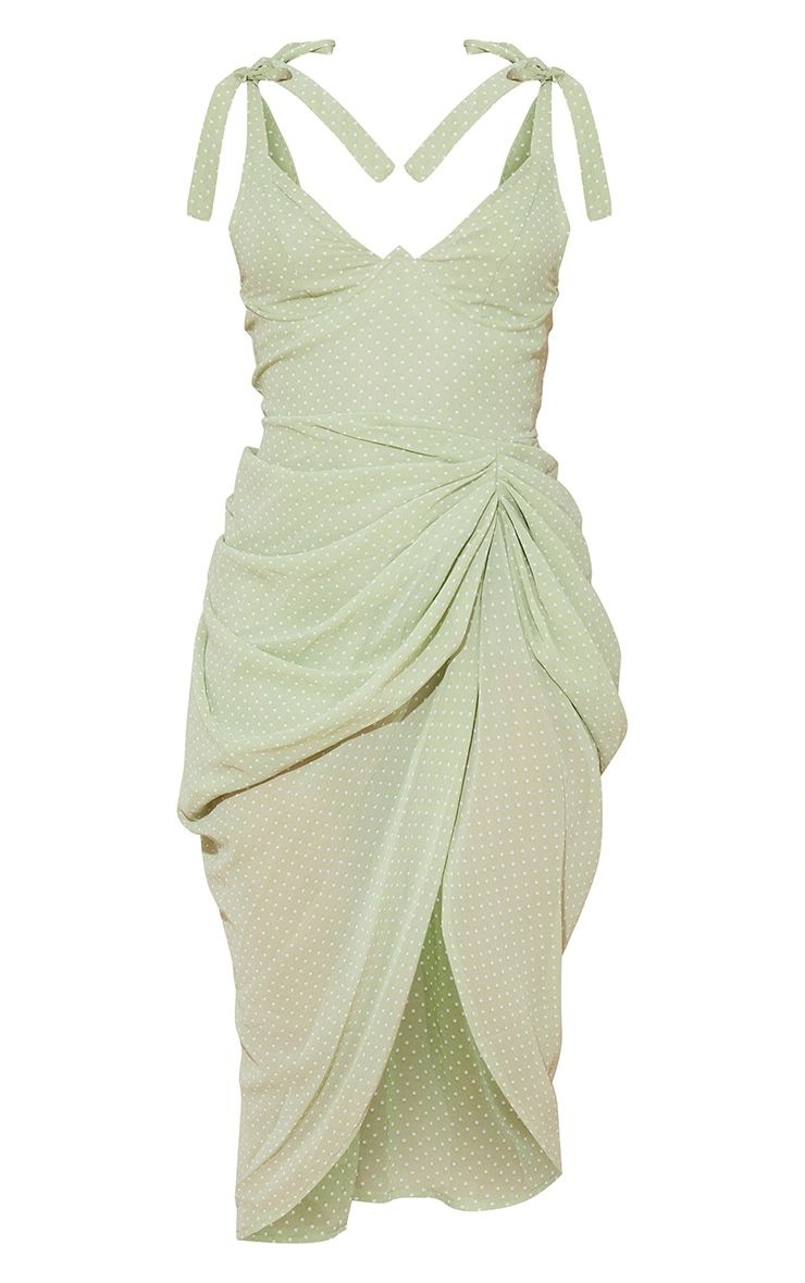 Sage Green Polka Dot Draped Underwire Detail Midi Dress | PrettyLittleThing US