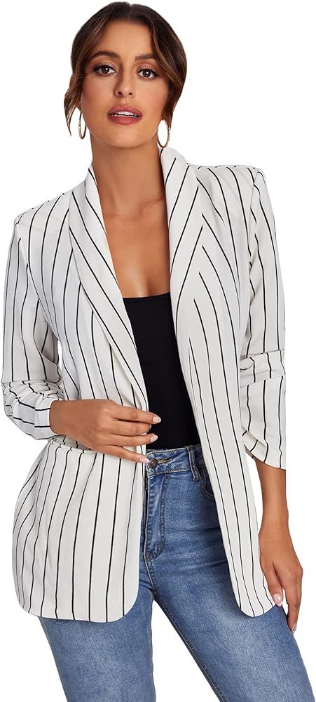 WDIRARA Women's Graphic Print Blazer Button Open Front Long Sleeve Jacket Multicolored | Amazon (US)