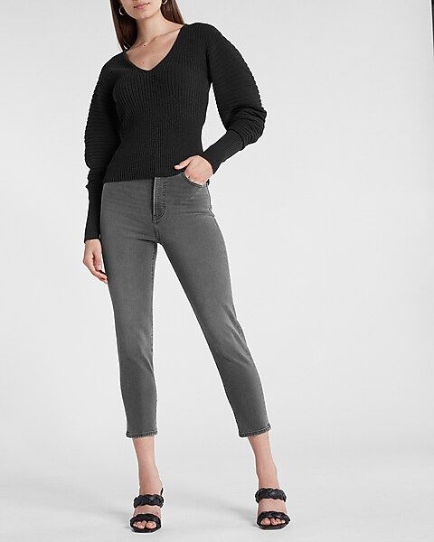 Ribbed Sculpted Sleeve V-Neck Sweater | Express