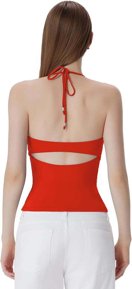 SUUKSESS Halter Tops for Women Tank Tops with Built in Bras Double Lined Backless Top Y2K Going O... | Amazon (US)