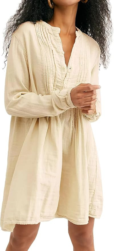 R.Vivimos Women's Tunic Dress Fall Linen Button Down Long Sleeves Casual Mini Shirt Dress | Amazon (US)