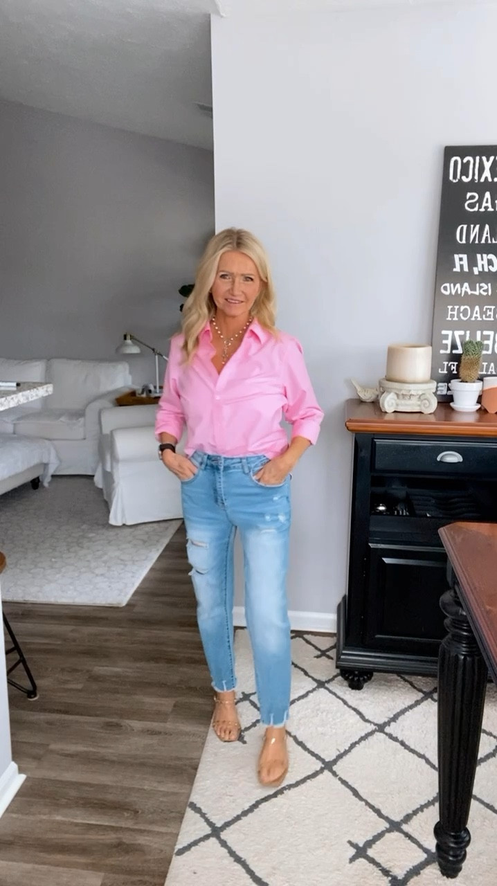 Casual outfit. Pink button up shirt with distressed jeans. Easy to be ready in minutes. 

#LTKFindsUnder50 #LTKSaleAlert #LTKStyleTip