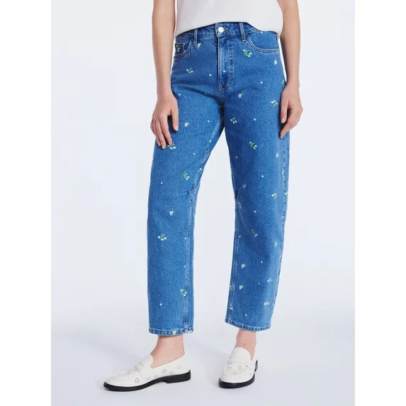 Free Assembly Women's and Women's Plus Embroidered Mid Rise Cropped Barrel Jeans, Sizes 0-26W | Walmart (US)