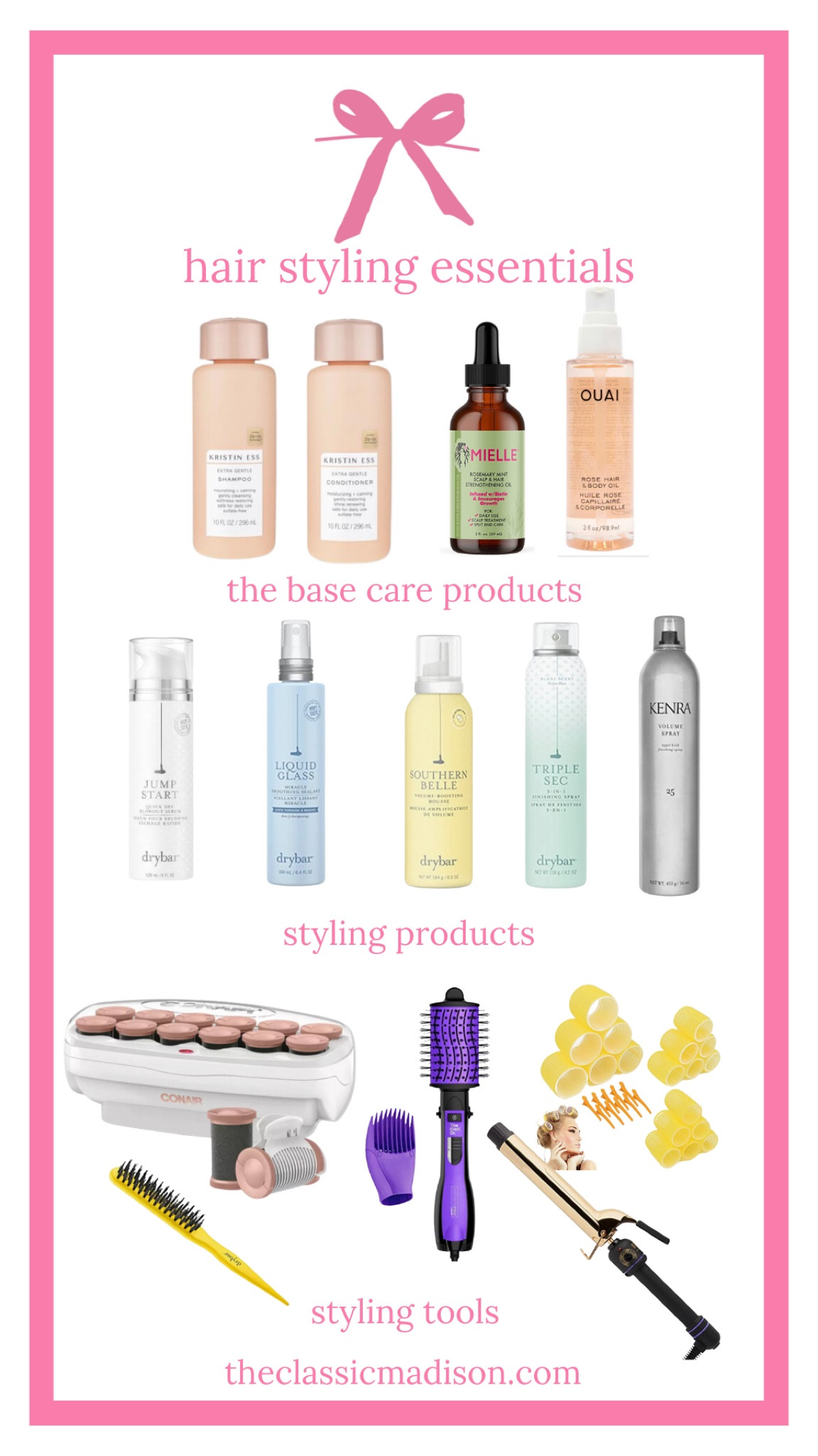 Hair styling products for voluminous healthy blown out hair. I do not use all these at once. My most essential products for styling are Drybar Triple Sec and the conair hair rollers