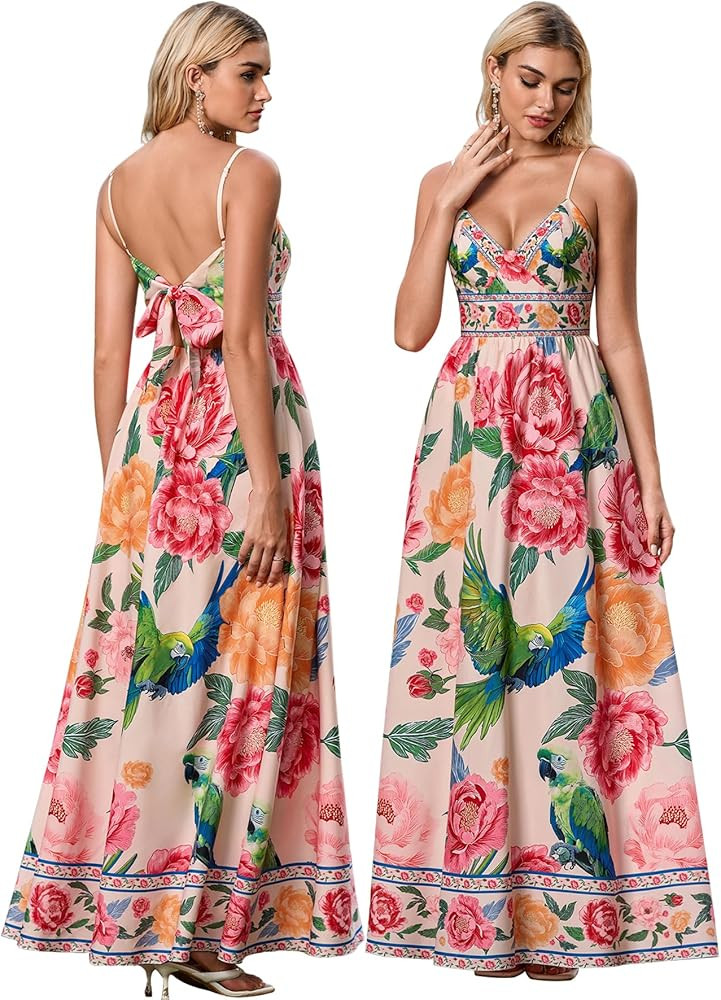 HTZMO Women Casual Summer Floral Maxi Sundress V Neck Spaghetti Strap Bow Tie Backless Flowy Boho... | Amazon (US)