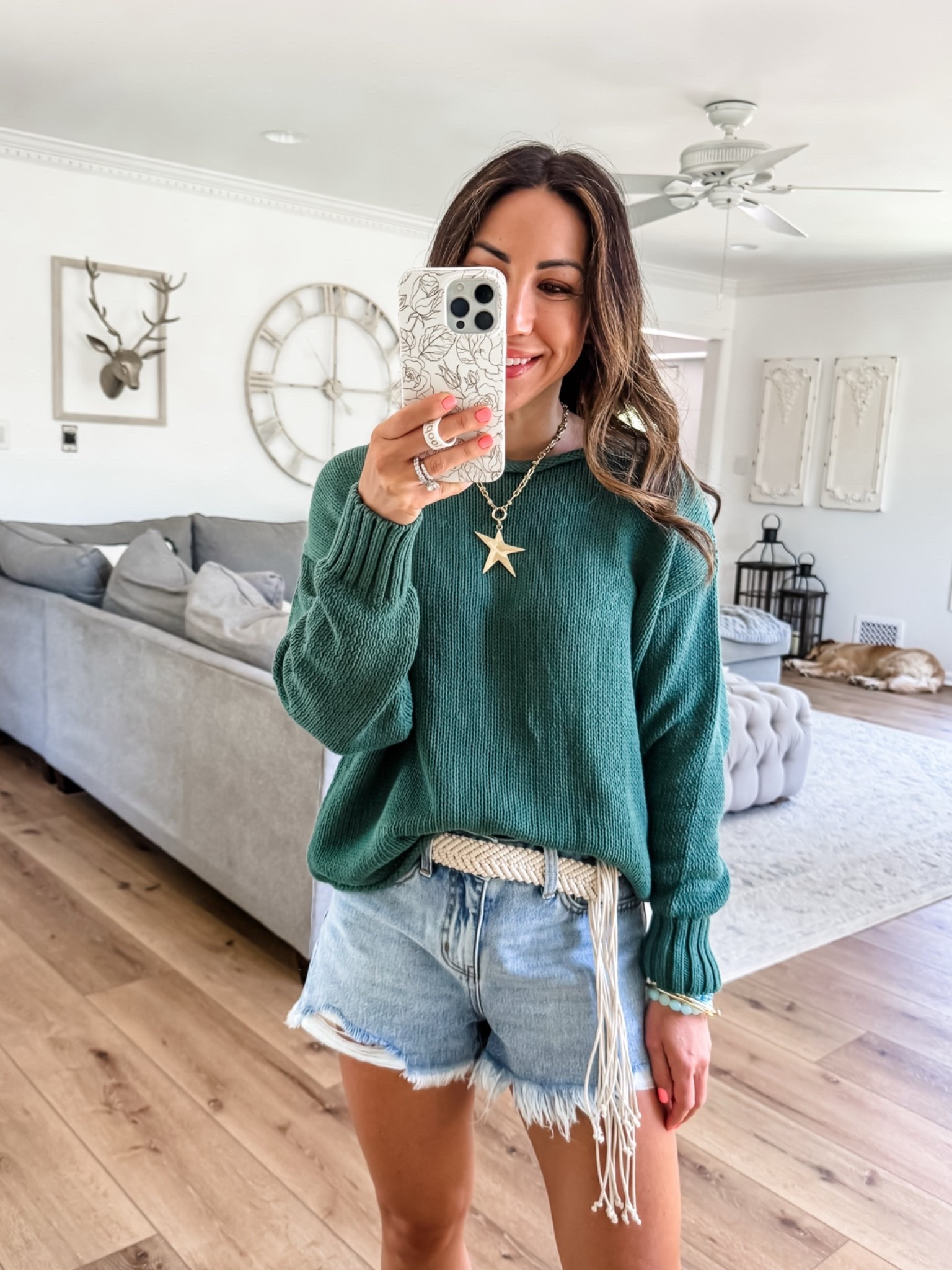 Small green sweater. Denim shorts 2. Target style.

#LTKOver40 #LTKSaleAlert