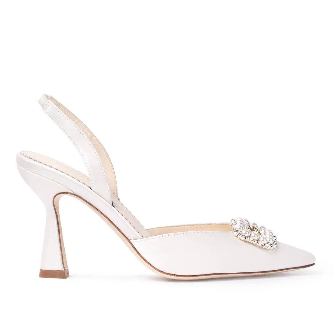 Closed Toe Spool Heel Slingbacks with Crystal and Pearl Brooch | Bella Belle Shoes