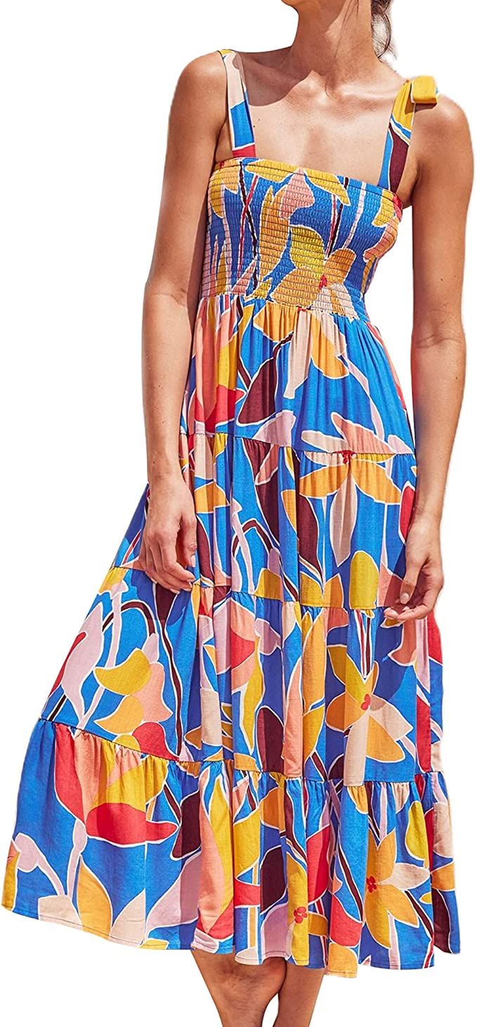 Women's Summer Boho Spaghetti Tie Strap Square Neck Floral Ruffle A Line Beach Long Maxi Swing Dr... | Amazon (US)