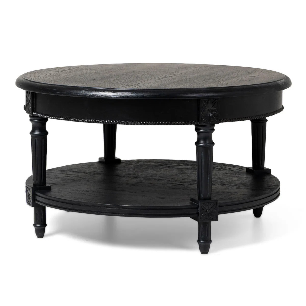 Maven Lane Pullman Traditional Round Wooden Coffee Table In Antiqued Black Finish | Wayfair North America