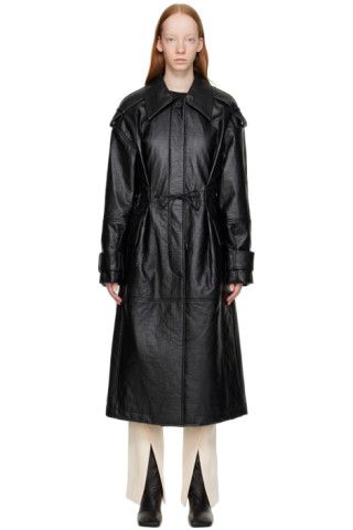 Black Wrinkle Faux-Leather Trench Coat | SSENSE